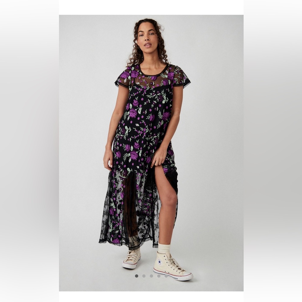 Free People Black and Purple Floral Sheer Maxi Dress with lace detail